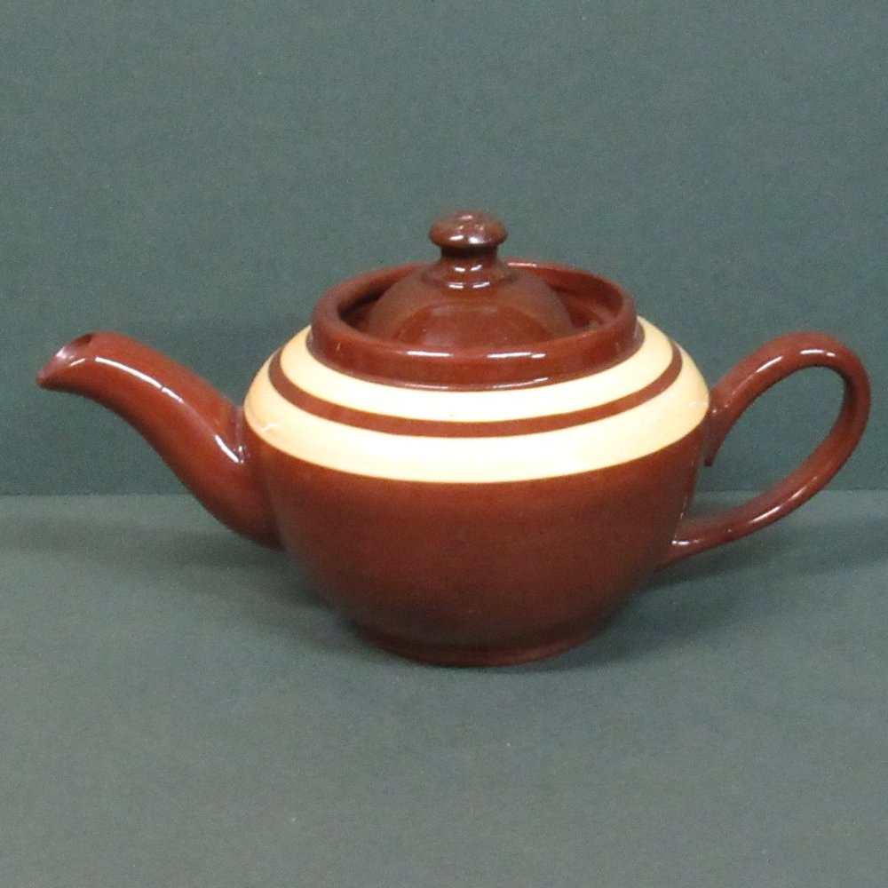 ALB Alcock, Lindley & Bloore Small Vtg Brown Betty Teapot Yellow Bands England